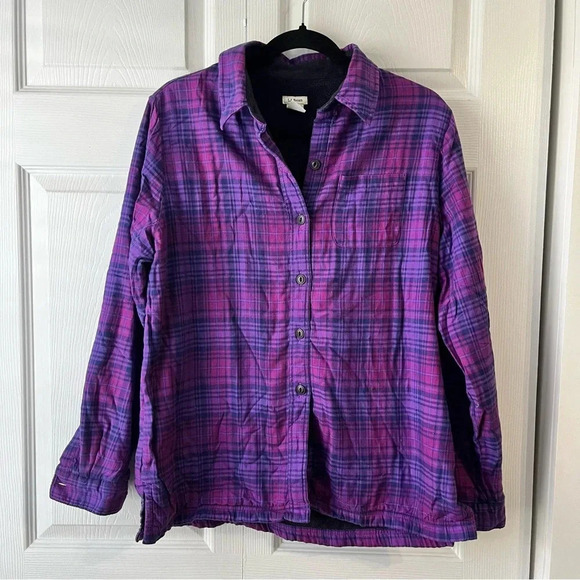 LL Bean Purple Plaid Flannel Fleece Lined Shirt Shacket Button Front Womens Sm - Picture 1 of 6